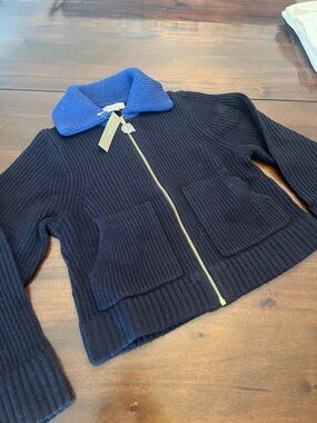 J. Crew Navy Body with Royal Blue Ribbed Collar Zip-Up Sweater